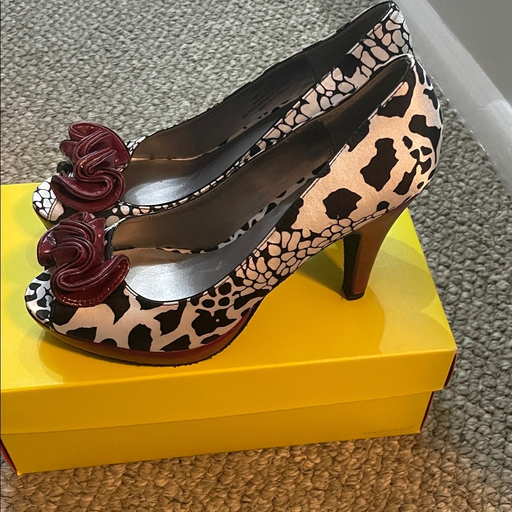 Madden Girl Black and White Animal Print Peep-Toe Heels with Burgundy Bow